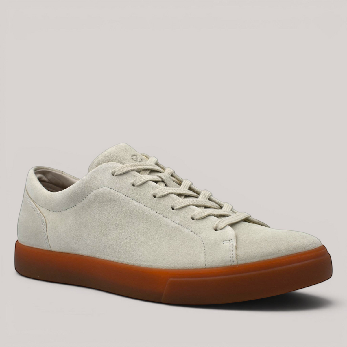 Grundy's Shoes ECCO Soft 10 men's sneaker in light grey suede with a contrasting gum rubber sole and lace-up closure.