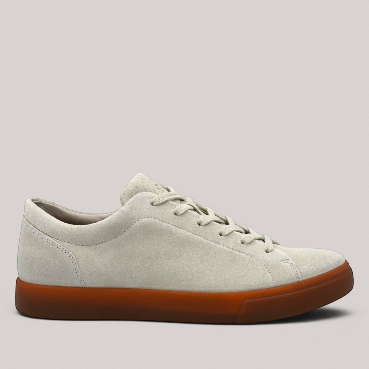 Grundy's Shoes ECCO Soft 10 men's sneaker in light grey suede with a contrasting gum rubber sole and lace-up closure.