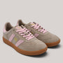 Grundy's Shoes Goodsole 2001 Parallel women's sneakers in beige suede and pink leather with a gum rubber sole.