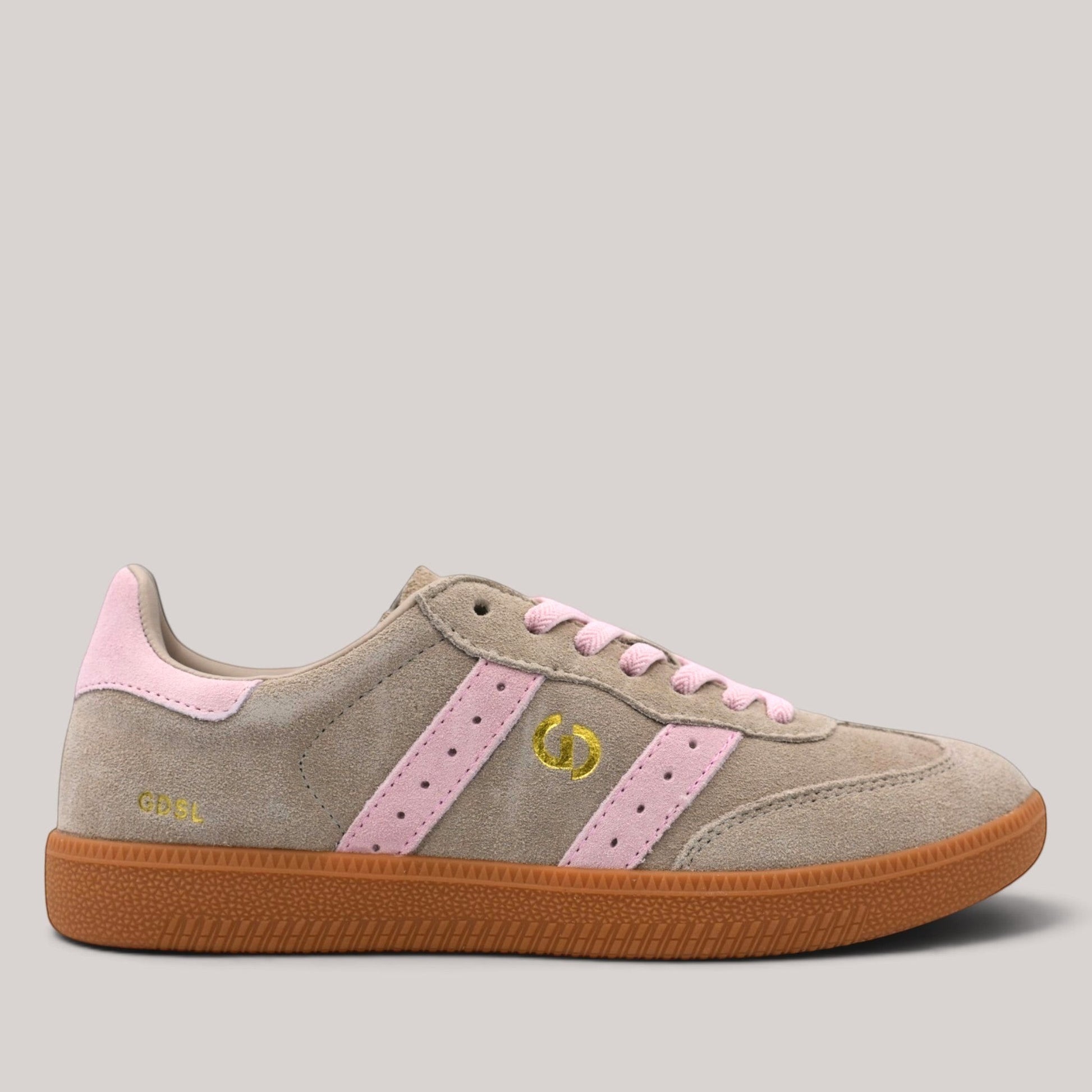 Grundy's Shoes Goodsole 2001 Parallel sneaker in beige suede with pink accents, gold logo, and brown gum sole.