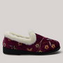 Grundy's Shoes Panda Emille burgundy microsuede slipper with floral embroidery and white faux wool trim