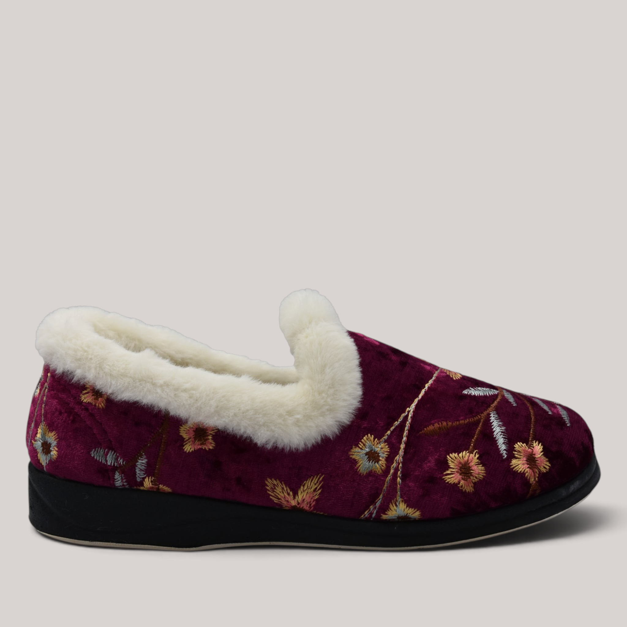 Grundy's Shoes Panda Emille burgundy microsuede slipper with floral embroidery and white faux wool trim