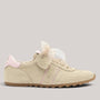 Grundy's Shoes Paul Green 5508 beige suede retro sneaker with pink accents, ribbon laces, and arch support.
