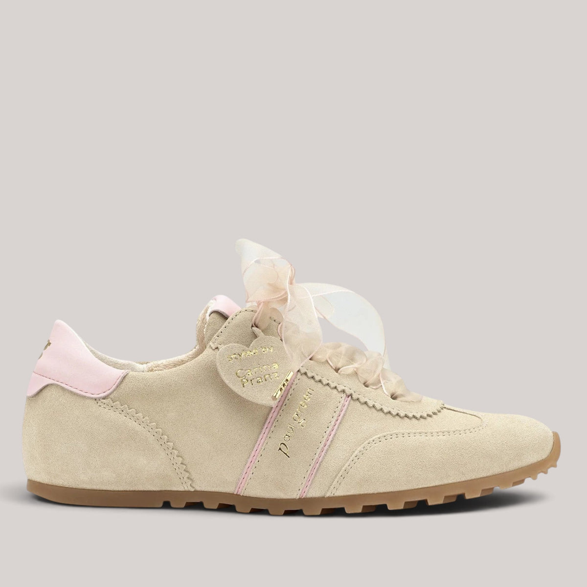 Grundy's Shoes Paul Green 5508 beige suede retro sneaker with pink accents, ribbon laces, and arch support.