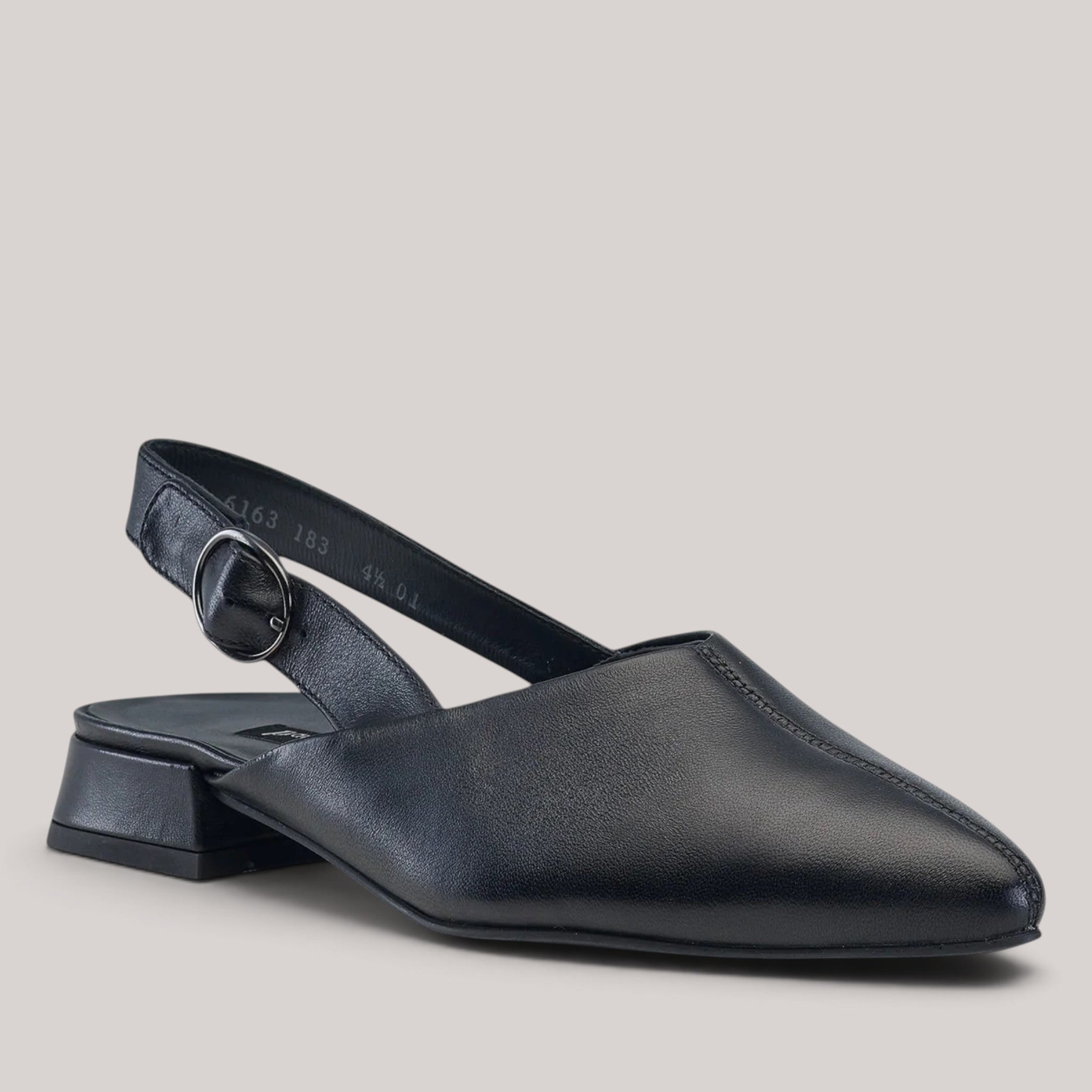Grundy's Shoes Paul Green 6163 black leather pointed-toe slingback with centre seam and adjustable heel strap