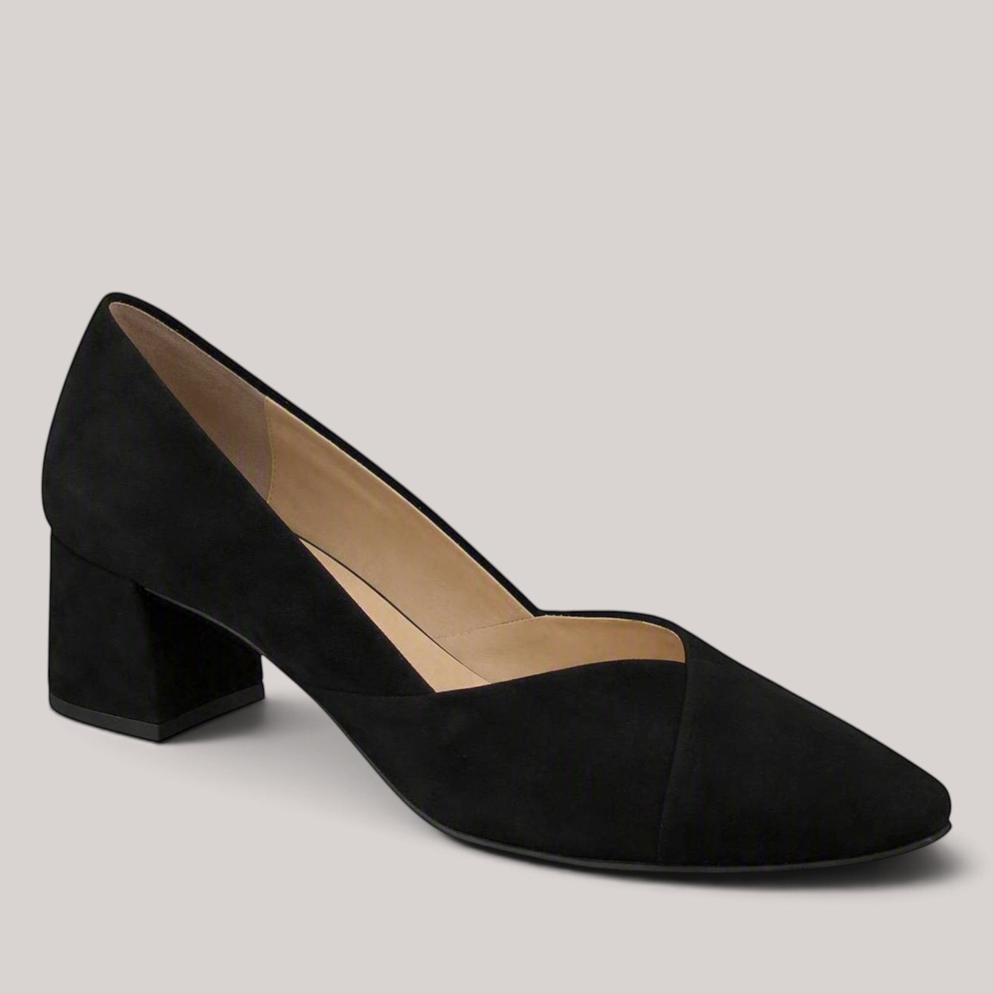 Grundy's Shoes Paul Green 3740 black suede pump with a tapered toe and architectural block heel.