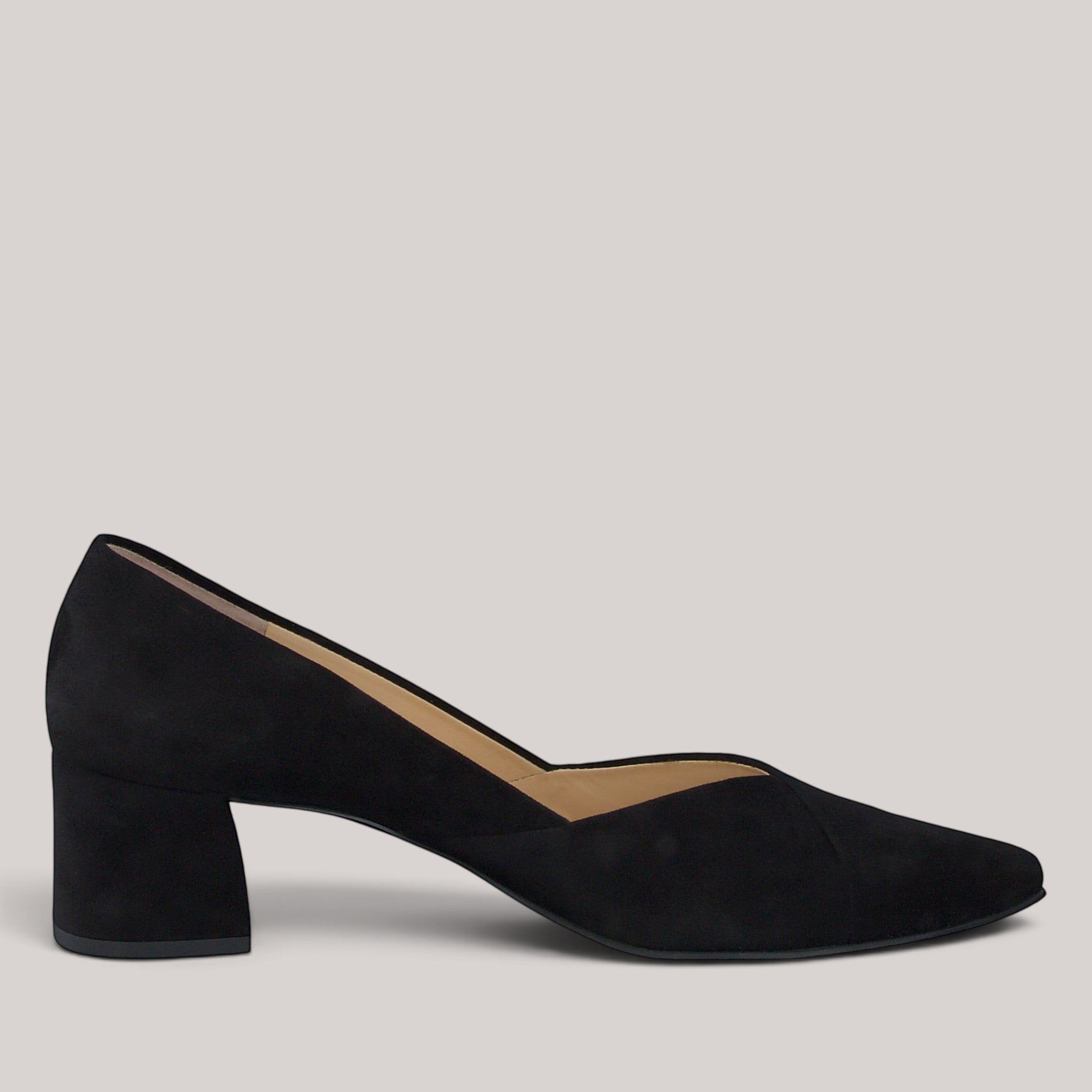 Grundy's Shoes Paul Green 3740 black suede pump with a tapered toe and comfortable architectural block heel.
