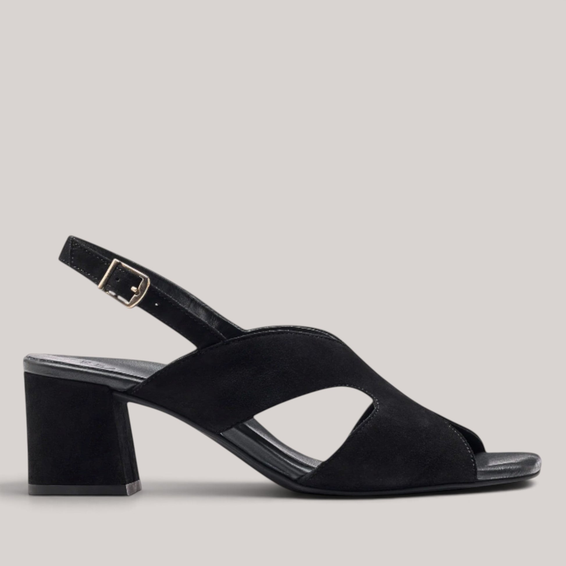 Grundy's Shoes Paul Green 6004 black suede slingback sandal with a block heel and adjustable back strap