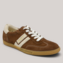 Grundy's Shoes Paul Green 5450 brown suede sneakers with white laces, side stripes, and a durable gum rubber sole.