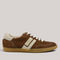 Grundy's Shoes Paul Green 5450 brown suede sneaker with white leather stripes, lace-up closure, and gum rubber sole.