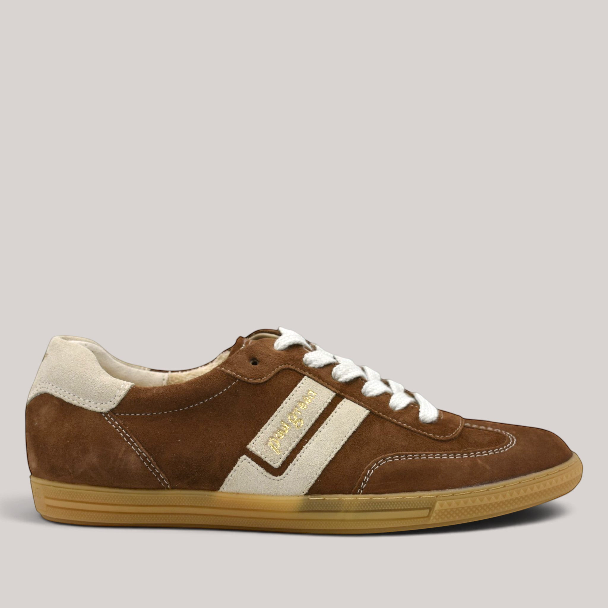 Grundy's Shoes Paul Green 5450 brown suede sneaker with white leather stripes, lace-up closure, and gum rubber sole.