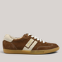 Grundy's Shoes Paul Green 5450 brown suede sneaker with white leather stripes, lace-up closure, and gum rubber sole.