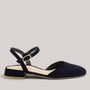 Grundy's Shoes Paul Green navy suede closed-toe sandals with an adjustable ankle strap and low block heel.