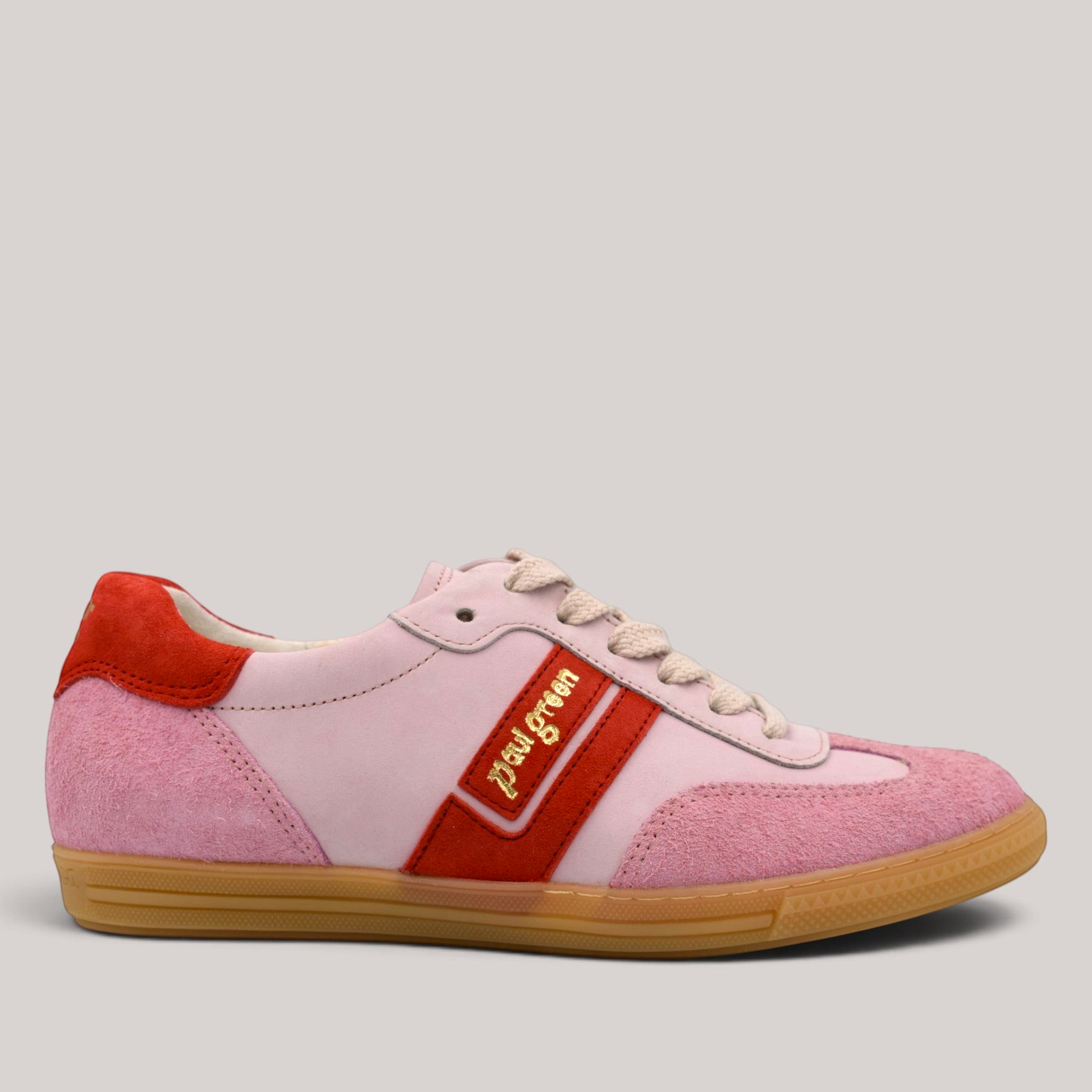 Grundy's Shoes Paul Green 5450 sneaker in pink and red leather with a gum sole and lace-up design