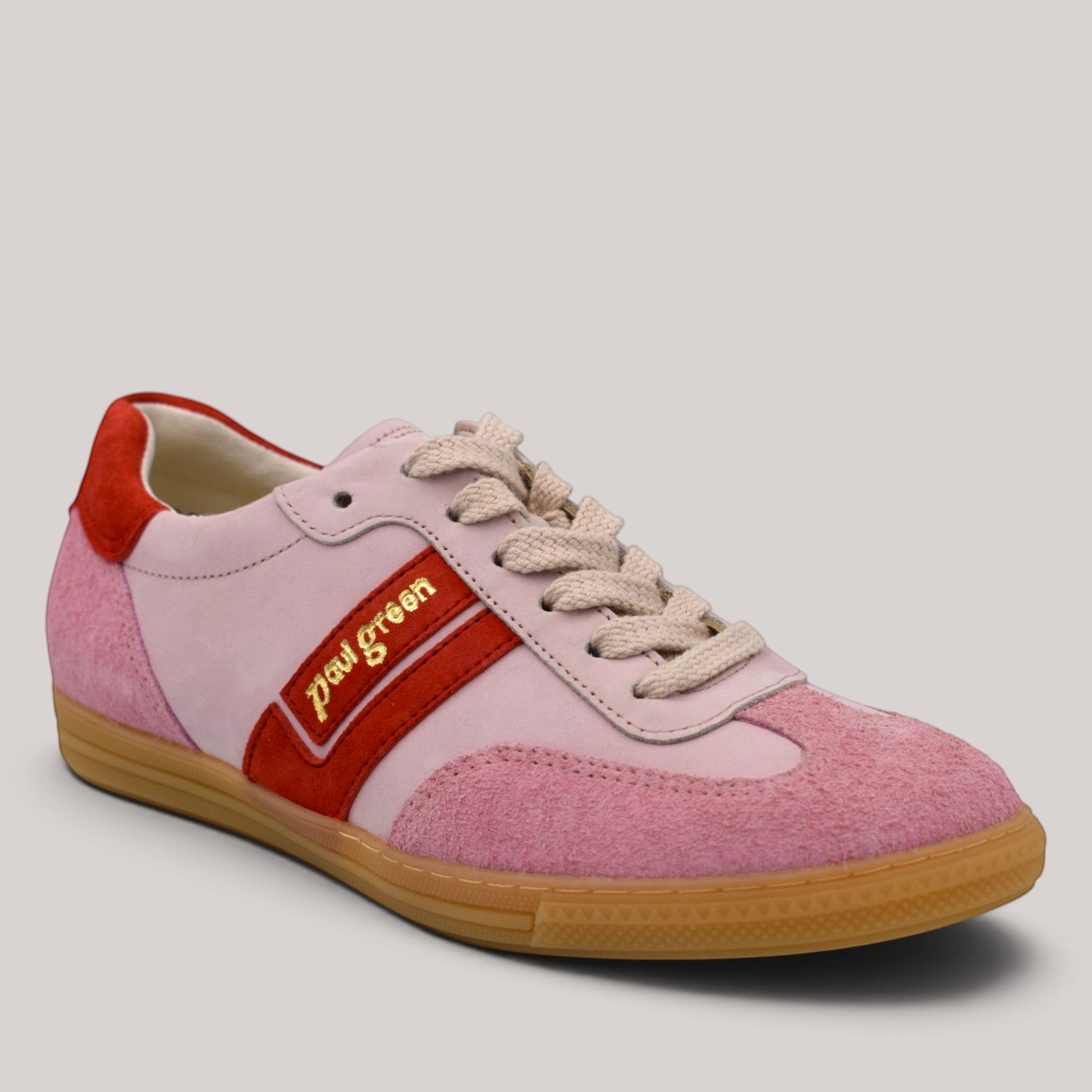 Grundy's Shoes Paul Green 5450 sneaker in pink and red suede with a gum sole and lace-up closure.