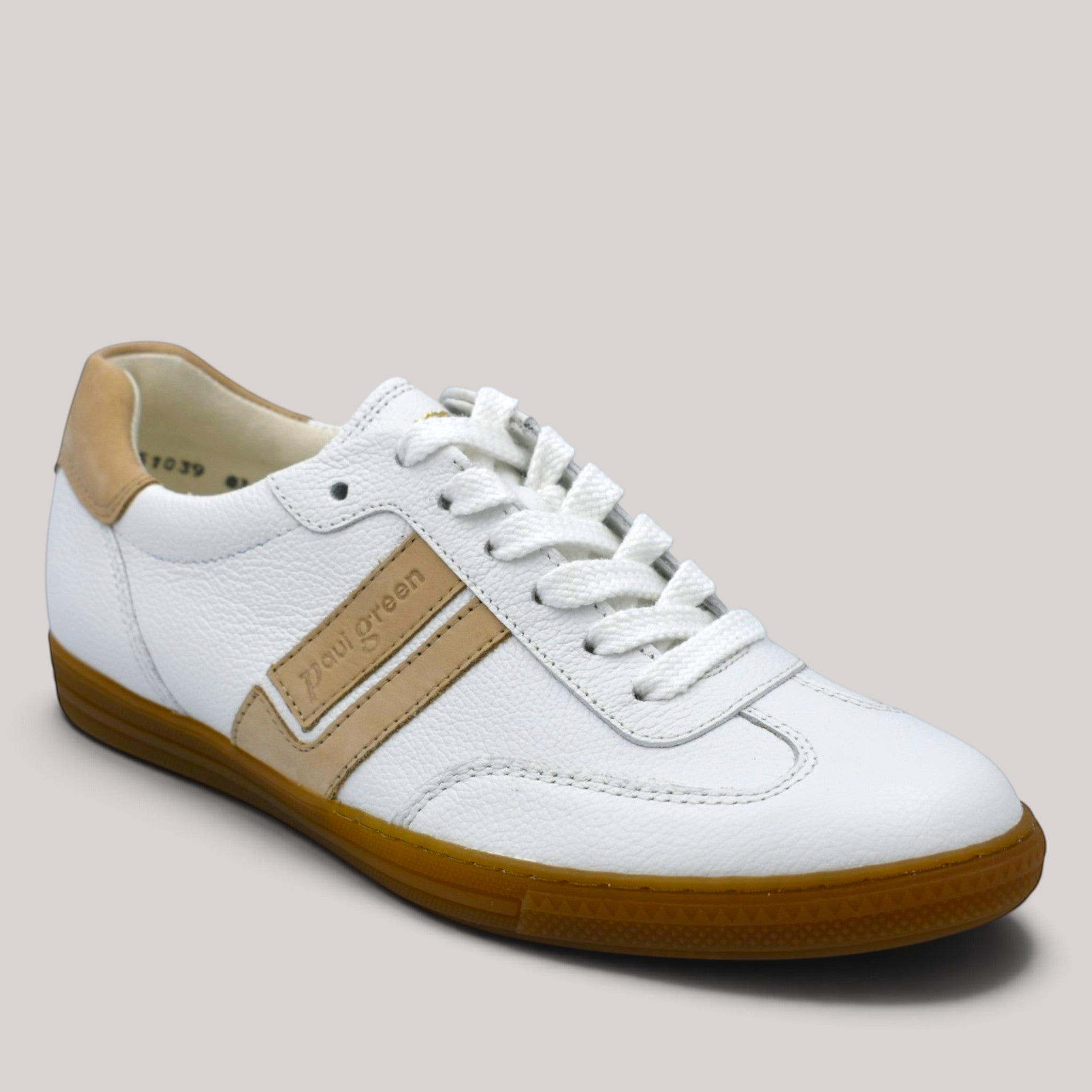 Grundy's Shoes Paul Green 5450 white leather sneakers with beige accents and a classic gum sole for everyday comfort.