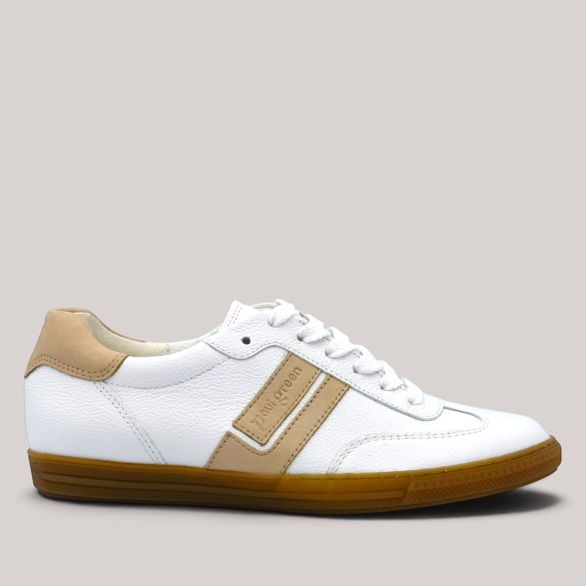 Grundy's Shoes Paul Green 5450 white leather sneaker with beige accents and a durable gum sole