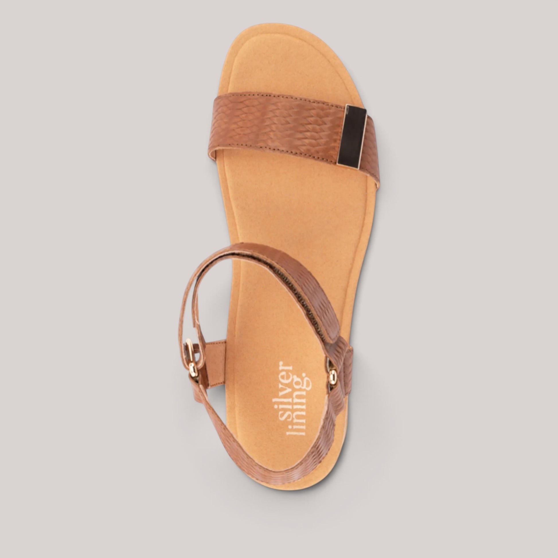 Grundy's Shoes Silver Lining Utica brown leather sandal with dual velcro straps and contoured footbed