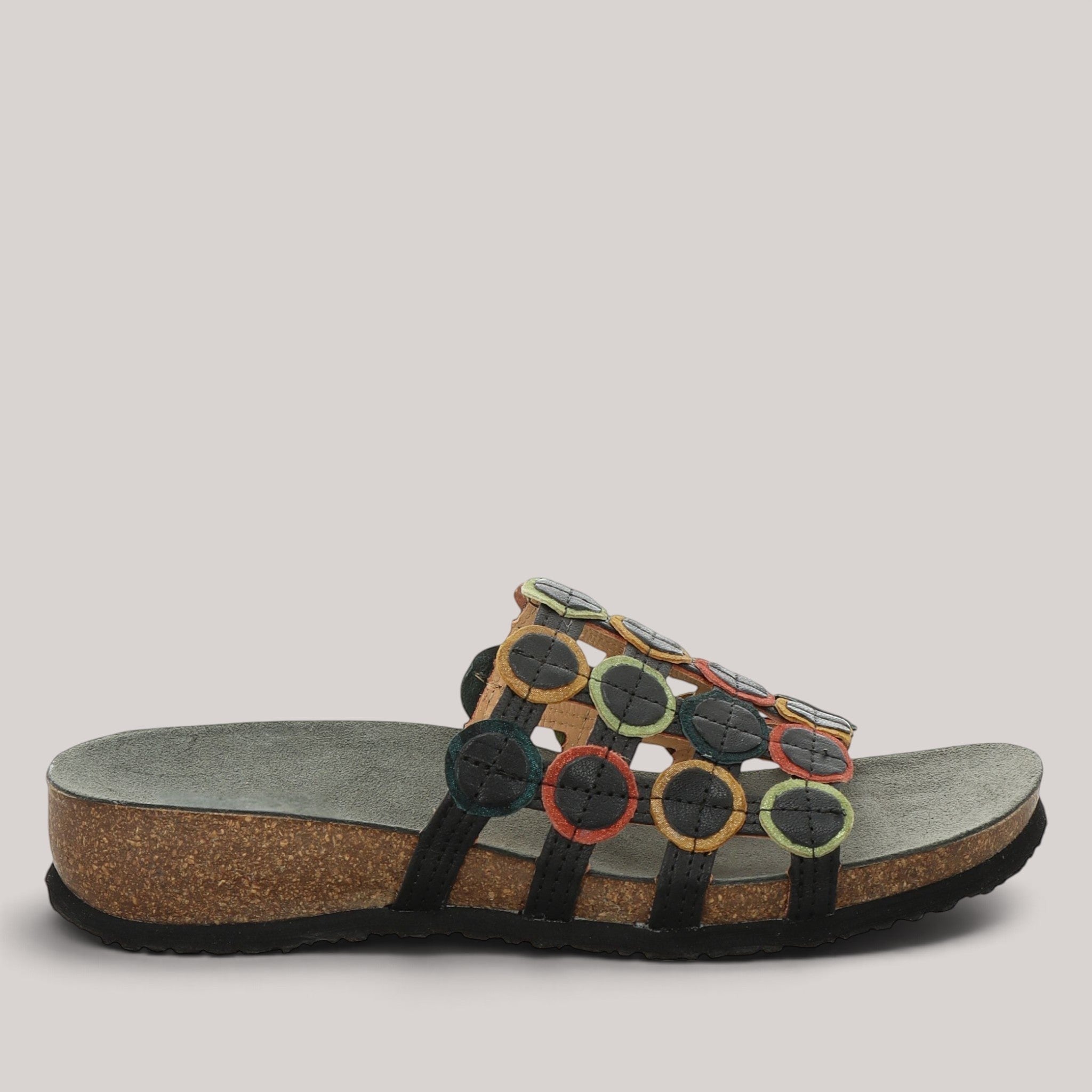 Grundy's Shoes Think 000247 leather slip-on sandal with a colourful circular pattern and cork-style footbed.