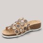 Grundy's Shoes Think 000247 leather slip-on sandal with a circular patterned upper and cork-style footbed.