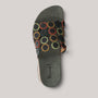 Grundy's Shoes Think 000247 leather slip-on sandal with a colourful circular pattern and arch-supporting footbed.