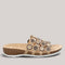 Grundy's Shoes Think 000247 leather slip-on sandal with a beige and brown circular pattern and cork footbed.