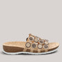 Grundy's Shoes Think 000247 leather slip-on sandal with a beige and brown circular pattern and cork footbed.